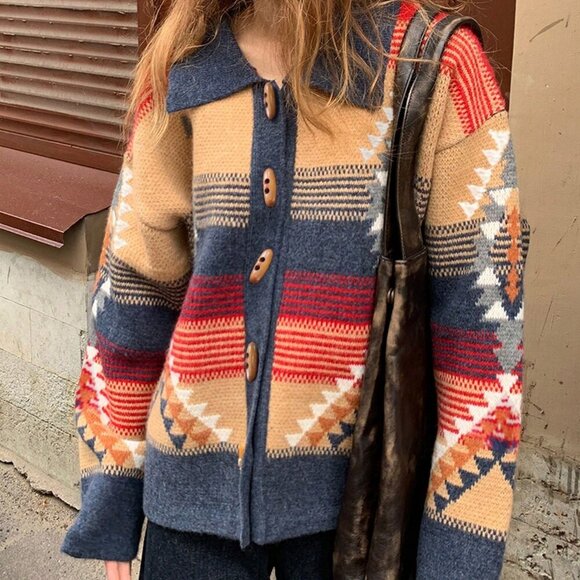 Multicolor Casual Women's Geometric Pattern Lapel button down Cardigan - Picture 3 of 4